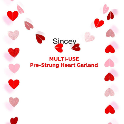 Heart Garland Banner Valentines Decorations- Valentines Galentines Day, Pink Rose Gold Burgundy Red Party Hanging Décor- 52ft Pre-Strung Paper Hearts Garland Streamers for Bridal Shower Party, NO DIY