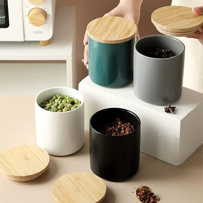 Pure Color Sugar Bowl, Candy Dish Storage Pot with Wooden Seal Lid