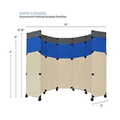 Versare MP10H Portable Folding Wall Partition | Economical 5 Panel Design | Portable Room Divider On Wheels | Adjustable, Freestanding Setup | Multiple Widths