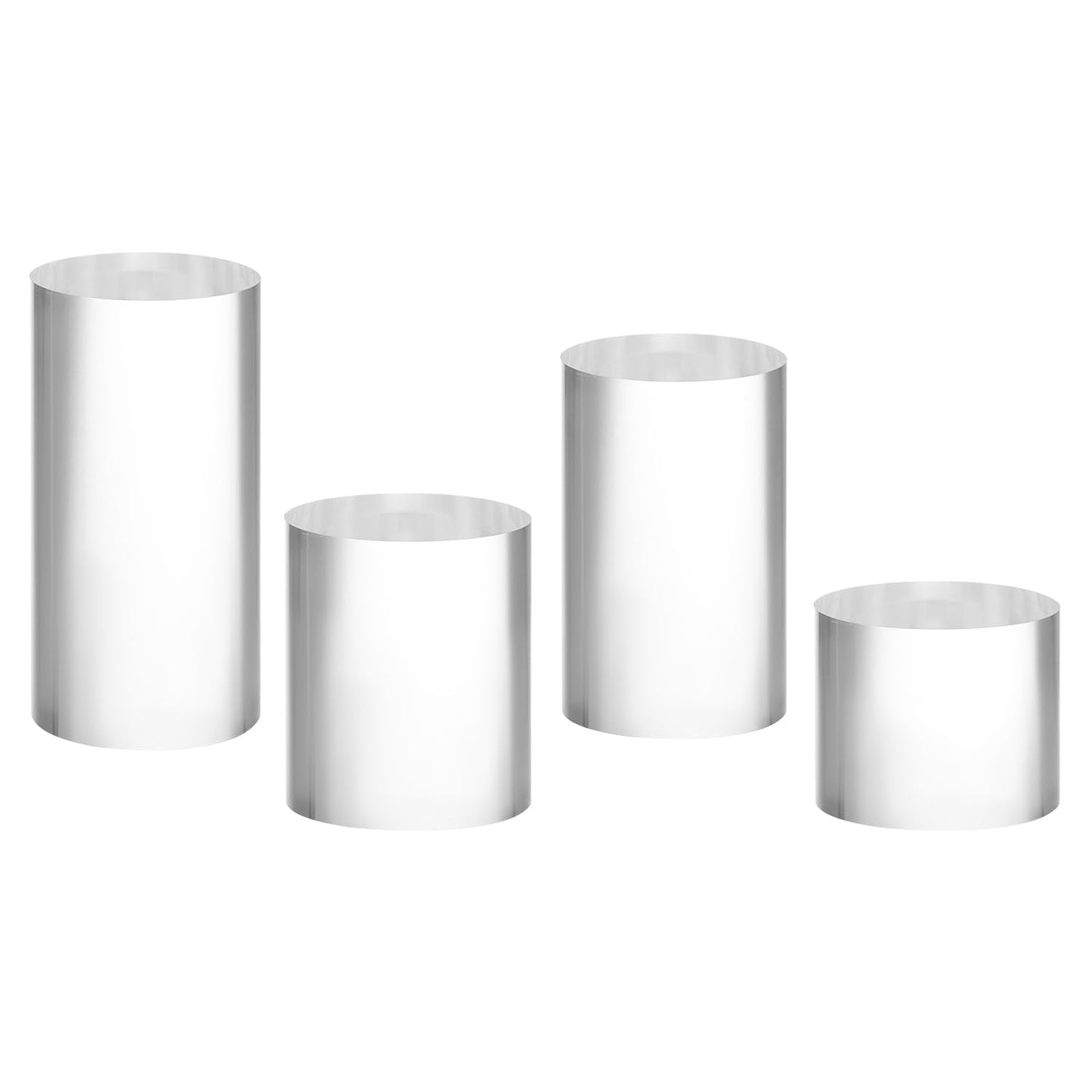 QWORK Acrylic Display Risers - 4-Pack Solid Clear Cylinder Stand Holder for Jewelry, Figures, Perfumes, Small Collectibles - High Transparency & Elegant Design