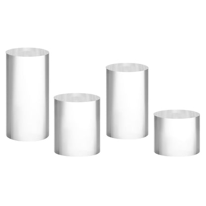QWORK Acrylic Display Risers - 4-Pack Solid Clear Cylinder Stand Holder for Jewelry, Figures, Perfumes, Small Collectibles - High Transparency & Elegant Design