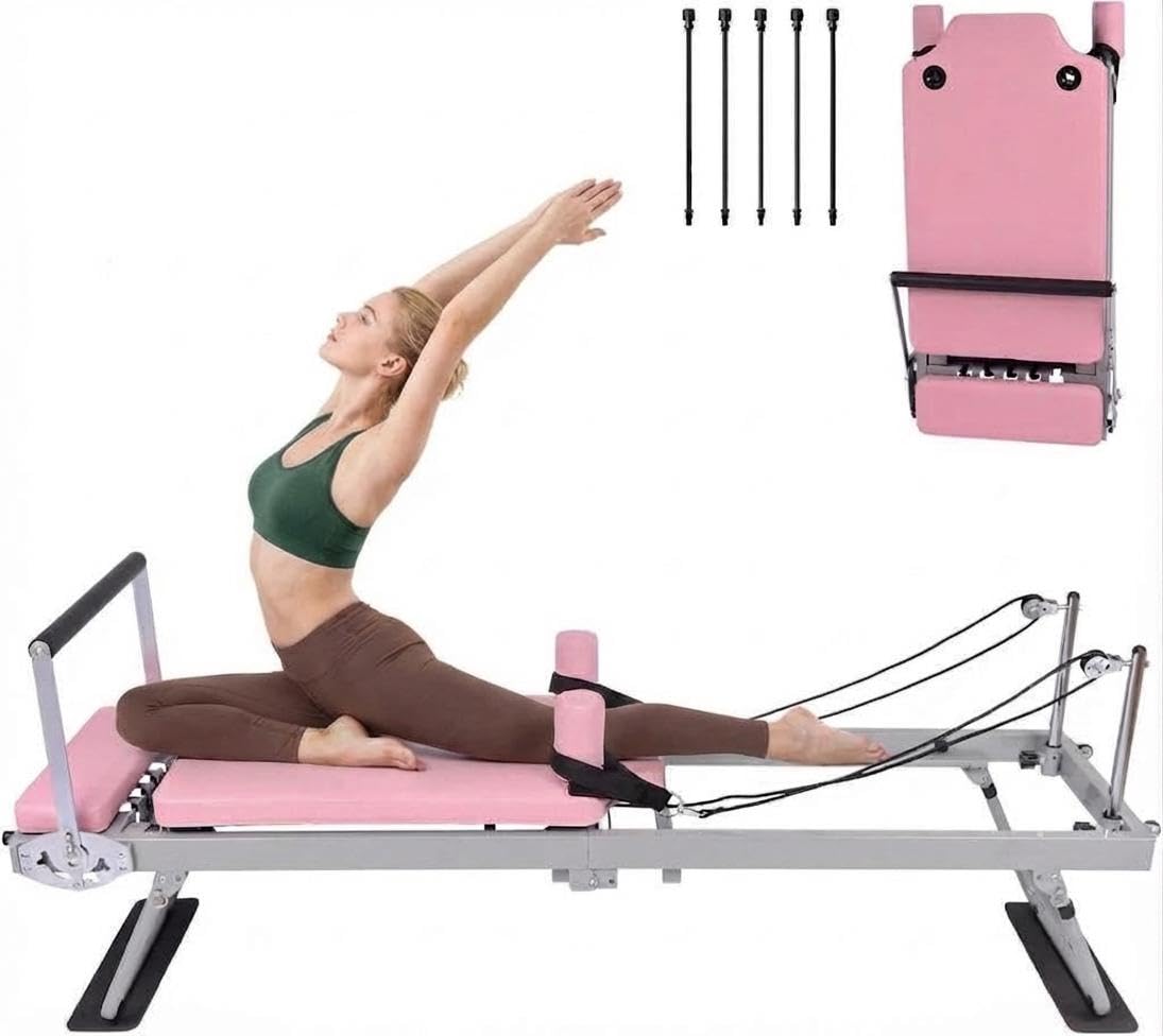 Pink Pilates Reformer | Foldable Pilates Reformer Machine for Home w/Resistance | Pilates Bed for All Levels