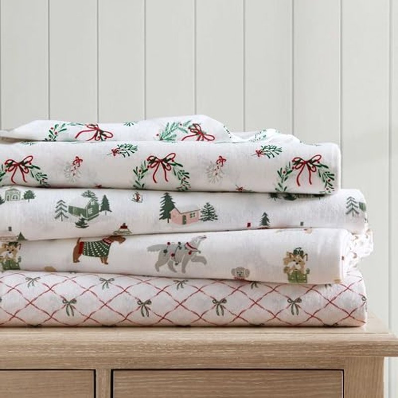 Martha Stewart - Flannel Sheets King Size, Anti-Pilling & Wrinkle Resistant Cotton, Touchably Soft for All-Season Comfort - Bed Sheets with Matching Pillowcases & Fitted Sheet (Ski Village Green)