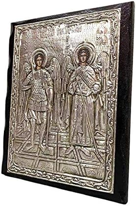 Handmade Greek Christian Orthodox Wood-Metallic Icon of Archangels Michael and Gabriel - 24 X 19cm or 9.4 X 7.5 In