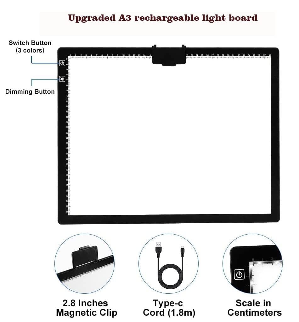 YINGWOND Rechargeable A3 LED Light Pad with Carry Bag, Adjustable Brightness Light Box with 3 Colors, Built-in Stand, 2500mAh Battery, Magnetic Clip, Light Board for Tracing Diamond Painting Sketching