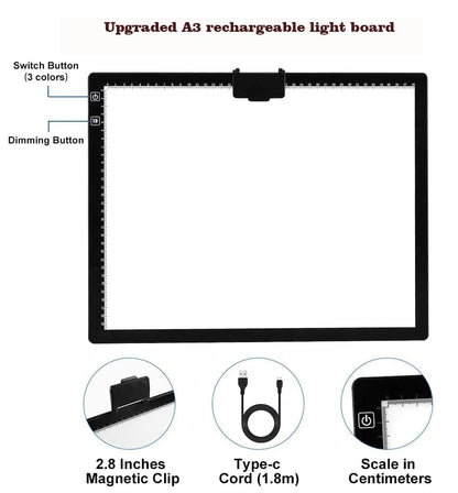 YINGWOND Rechargeable A3 LED Light Pad with Carry Bag, Adjustable Brightness Light Box with 3 Colors, Built-in Stand, 2500mAh Battery, Magnetic Clip, Light Board for Tracing Diamond Painting Sketching