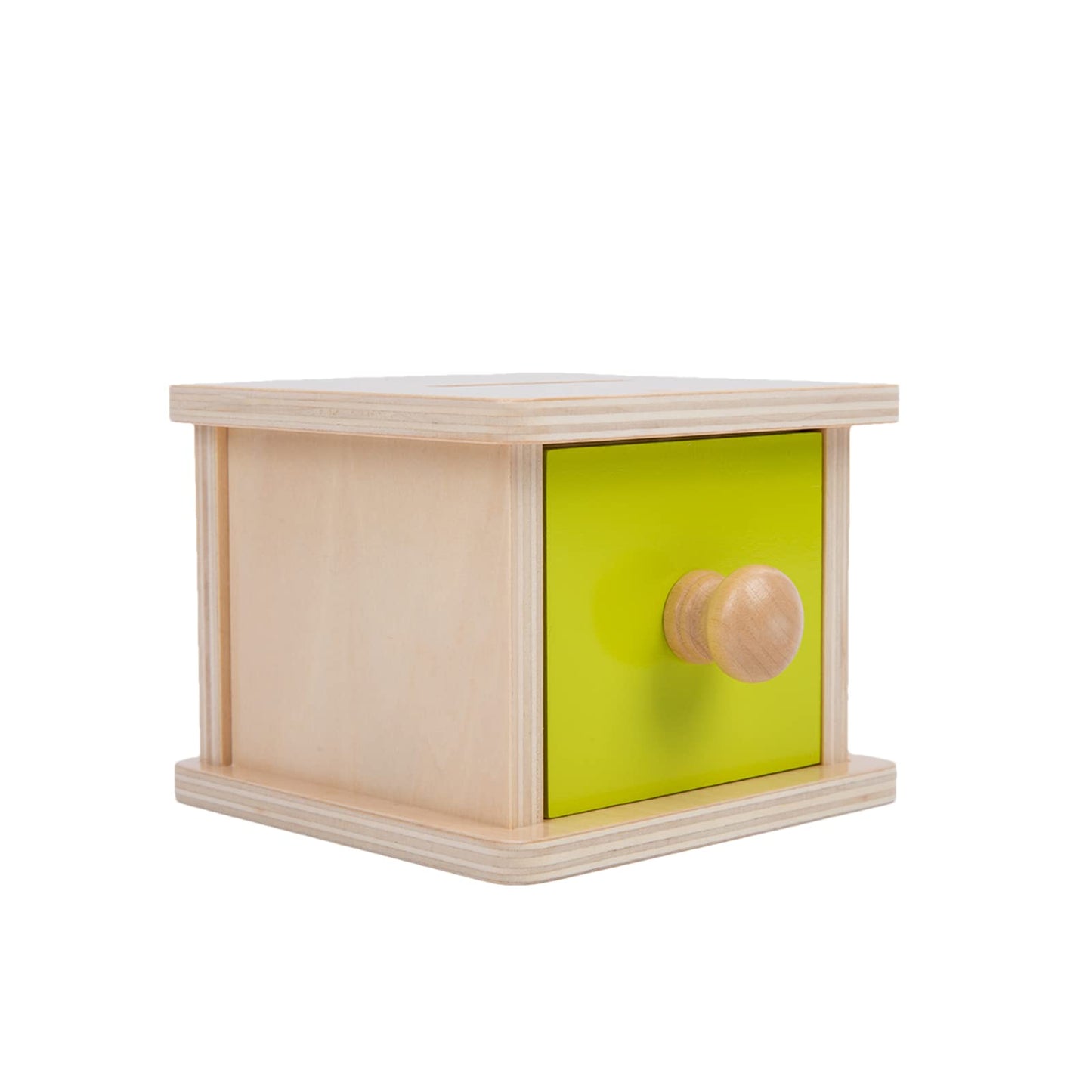 Adena Montessori Coin Box,Object Permanence Box Toys for 1 Year Old Baby Coins,Wooden Montessori Ball Drop Toys Developmental Toys for 6-12 Month Infant Toys,Learning Kids Gifts(Yellow-Green Door)