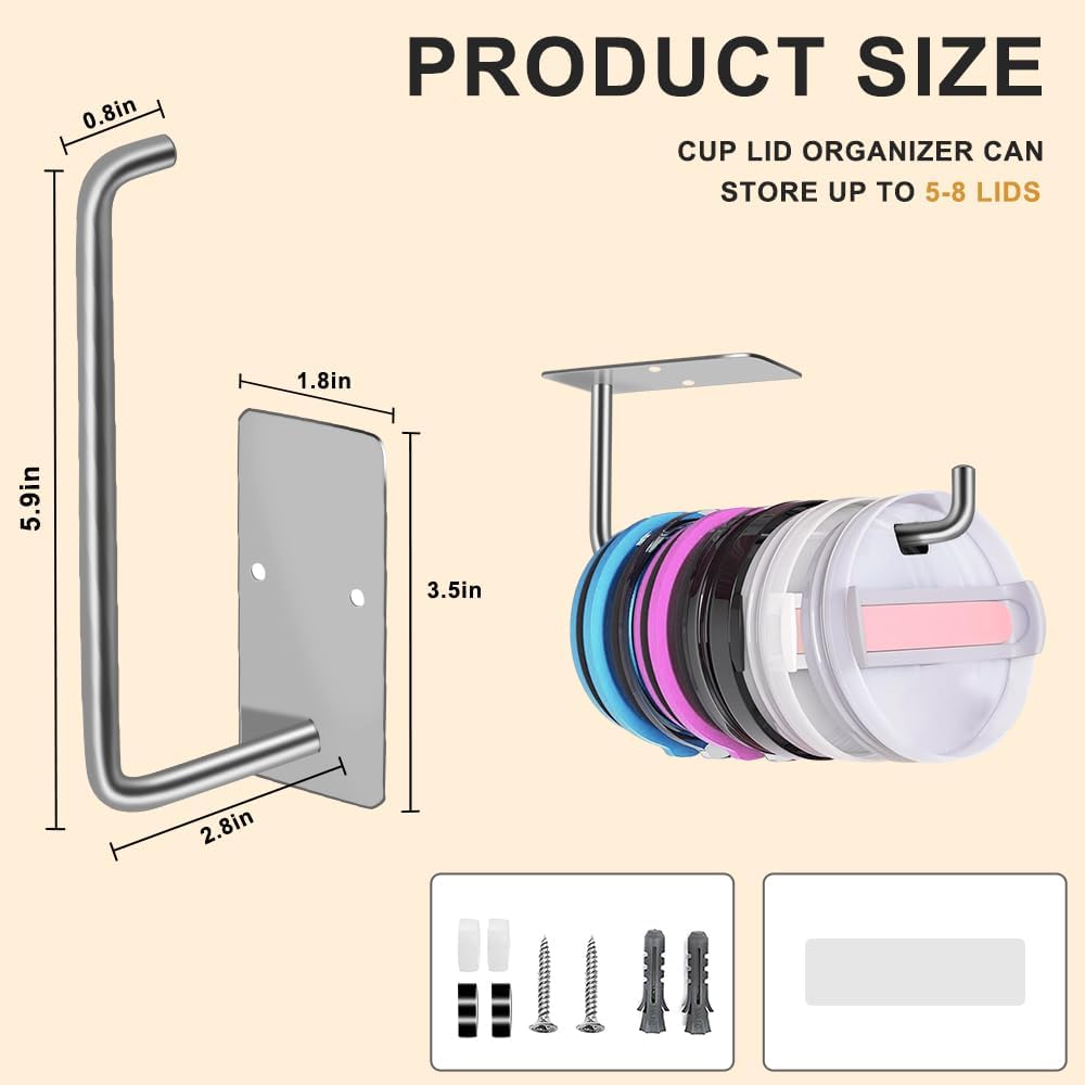 MGahyi Tumbler Lid Organizer, Space Saving Self-Adhesive or Drilling Cup Lid Hook for Kitchen Organizers and Storage