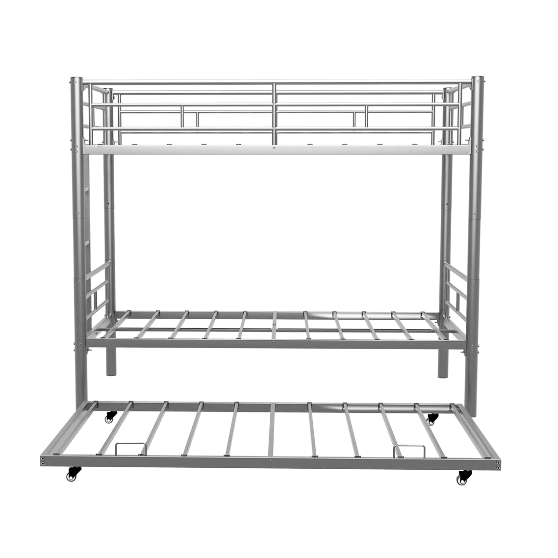 Bellemave Metal Bunk Bed with Trundle, Twin Over Twin Bunk with Guardrail and Ladder for Kids/Teenagers, Adults, No Box Spring Needed, Silver