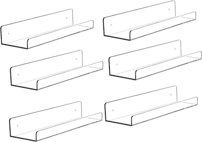 Mavachou 15 inch Display,6pcs 5MM Clear Acrylic Floating Wall Ledge Shelf Wall Mounted Nursery Kids Bookshelf Invisible