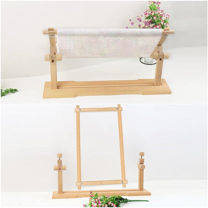 Rotated Table Embroidery Frame Stand - Adjustable Cross Stitch Scroll Frame, Beech Wood Quilting Frame Needlepoint Holder Stretch Bar for Stitching Sewing Craft