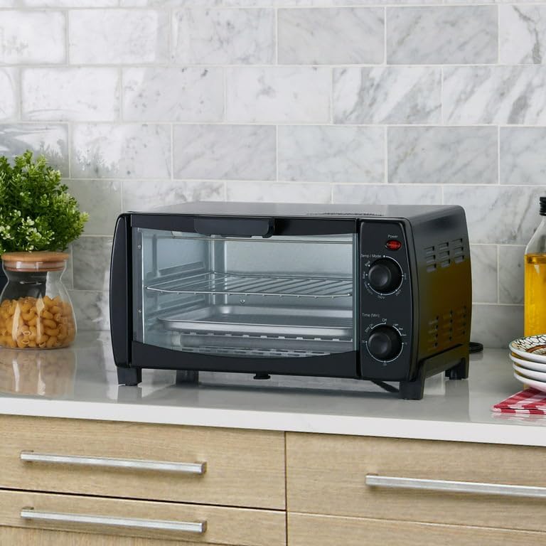 Dominion 4 Slice Toaster Oven Countertop, Retro Compact Design, Multi-Function, 1000 Watts, 30-Minute Timer, Black