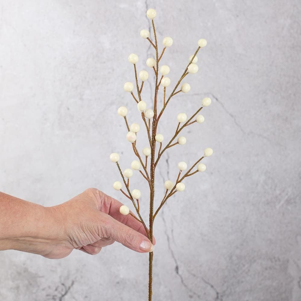 Pack 6 of Artificial Cream Winter White Weatherproof Berry Stem Branches - Waterproof Berries for Indoor and Outdoor