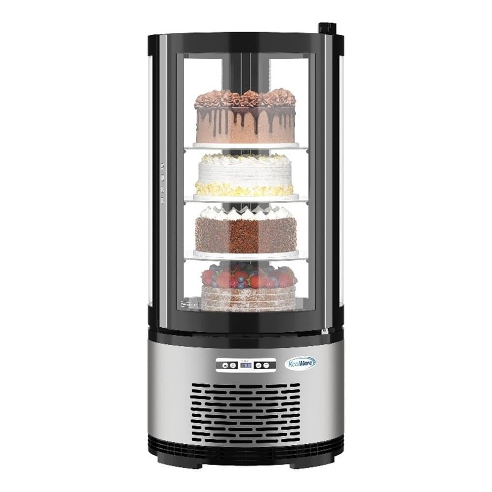 KoolMore Circular Refrigerated Bakery Display Case, 19 in, Silver Finish, 2 Sliding Glass Doors, Adjustable Temperature 33°F-53°F, 5.3 Cu. Ft., Countertop Merchandiser, 2 Shelves for Pastries,