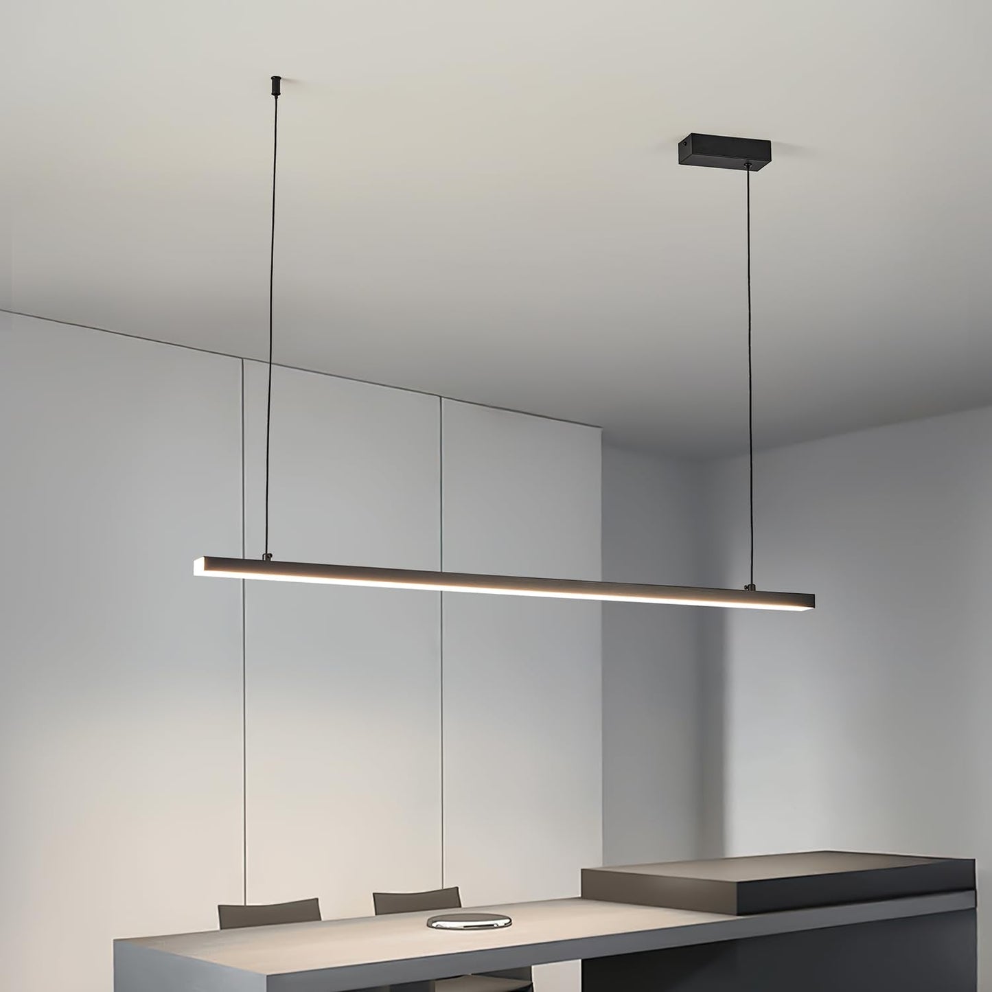 Black long chandelier, dining room light, Nordic modern minimalist style, office, long bar counter, kitchen light, color temperature adjustable from 3000K to 6000K, LED chandelier, 70.87 inches