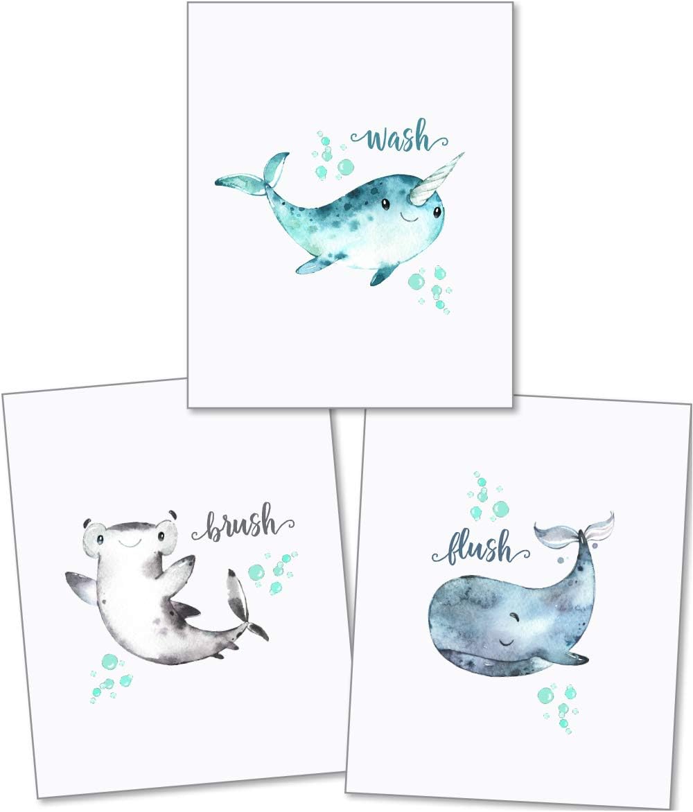 Confetti Fox Kids Bathroom Wall Art Decor, 8x10 Unframed Set of 3 Prints - Sea Animals