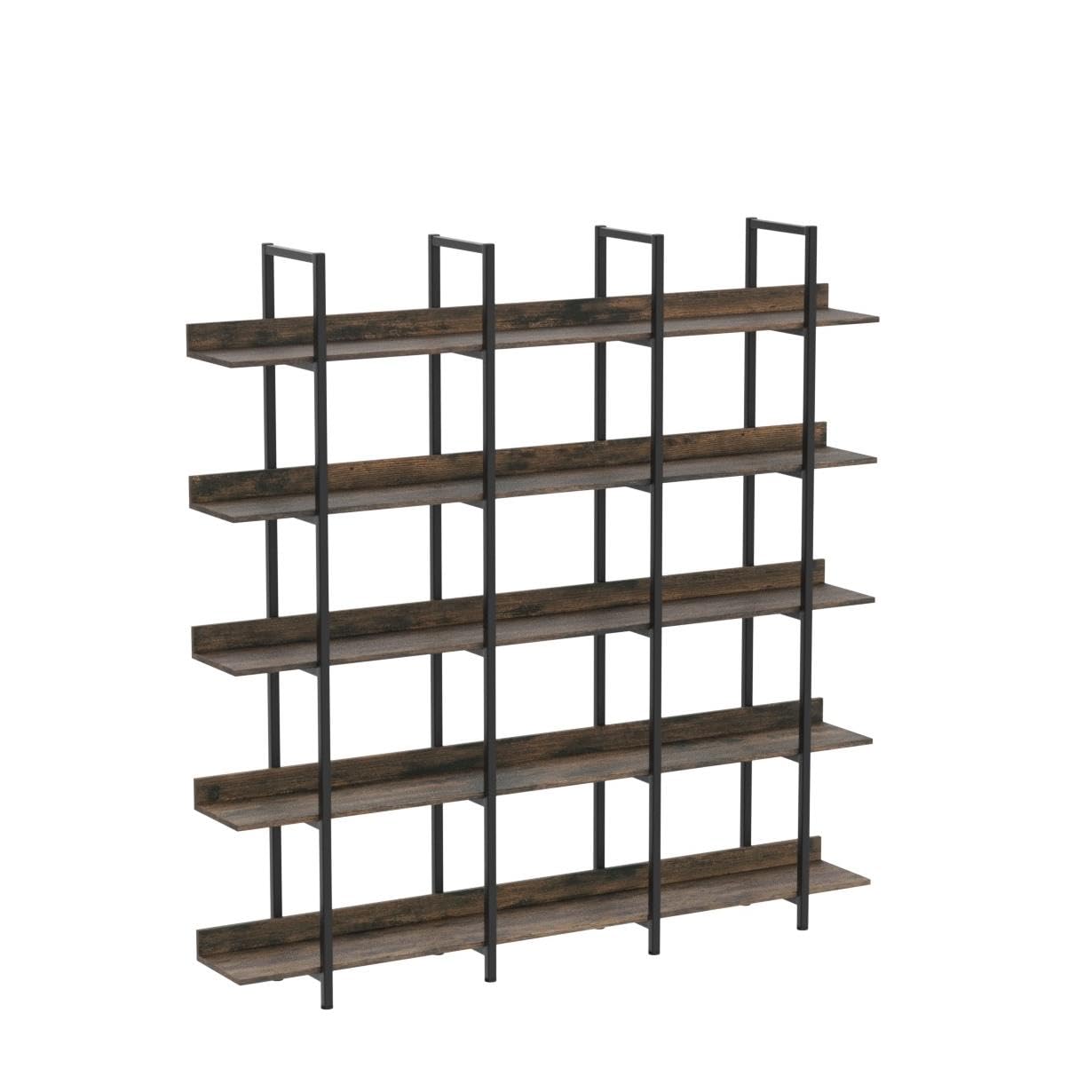 5-Tier Bookcase, Tall Industrial Bookshelf for Home Office, Storage Organizer with Metal Frame, Brown