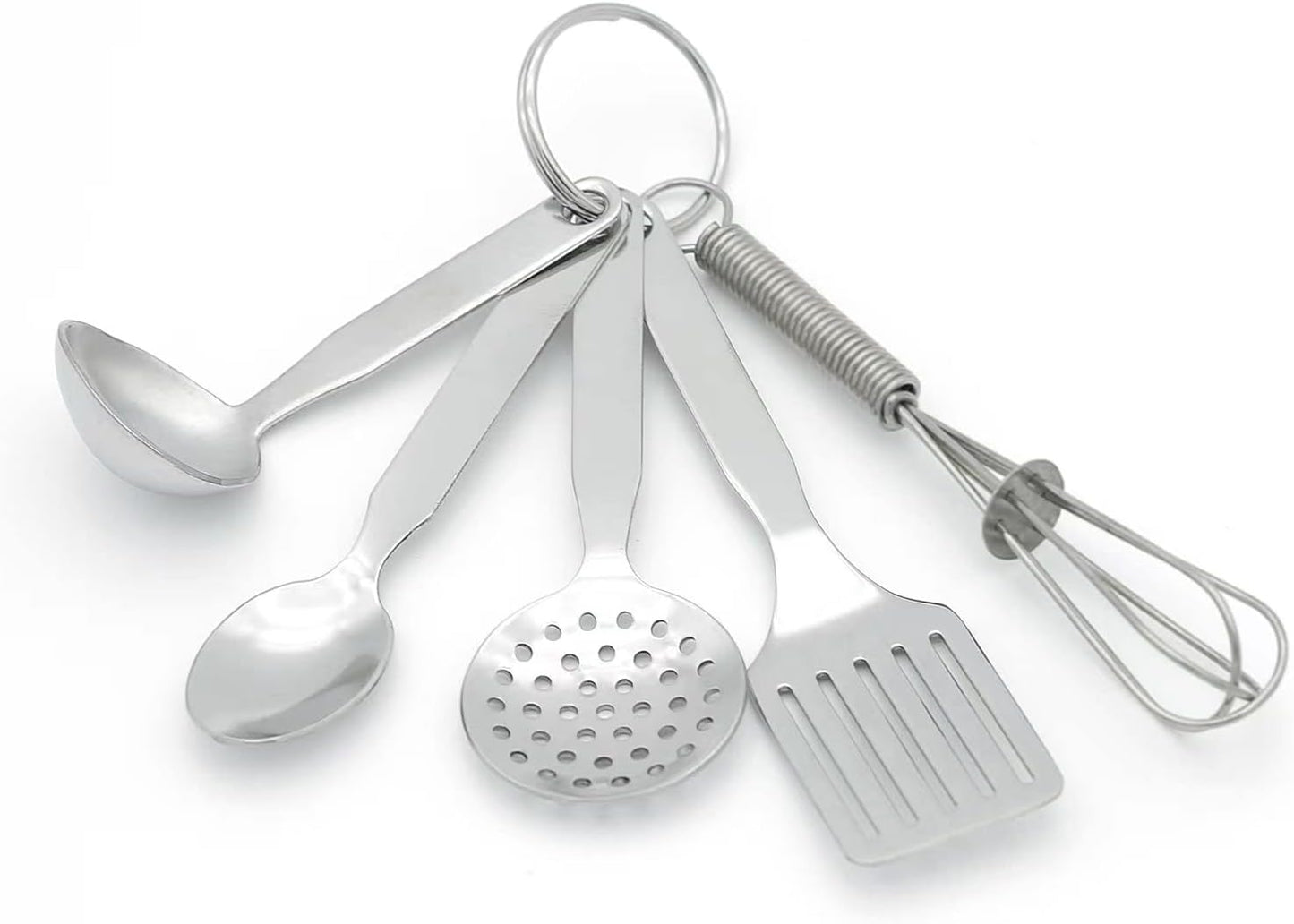 Mini Stainless Steel Kitchen Tool Set with Keychain, Set of 5, Includes Whisk, Spatula, Spoon, Skimmer, Ladle
