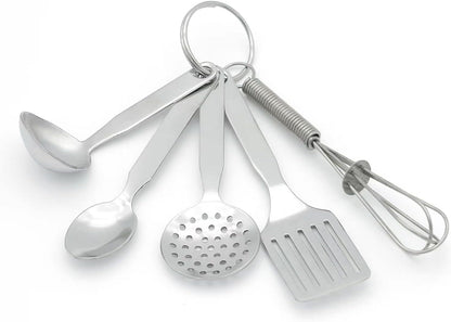 Mini Stainless Steel Kitchen Tool Set with Keychain, Set of 5, Includes Whisk, Spatula, Spoon, Skimmer, Ladle