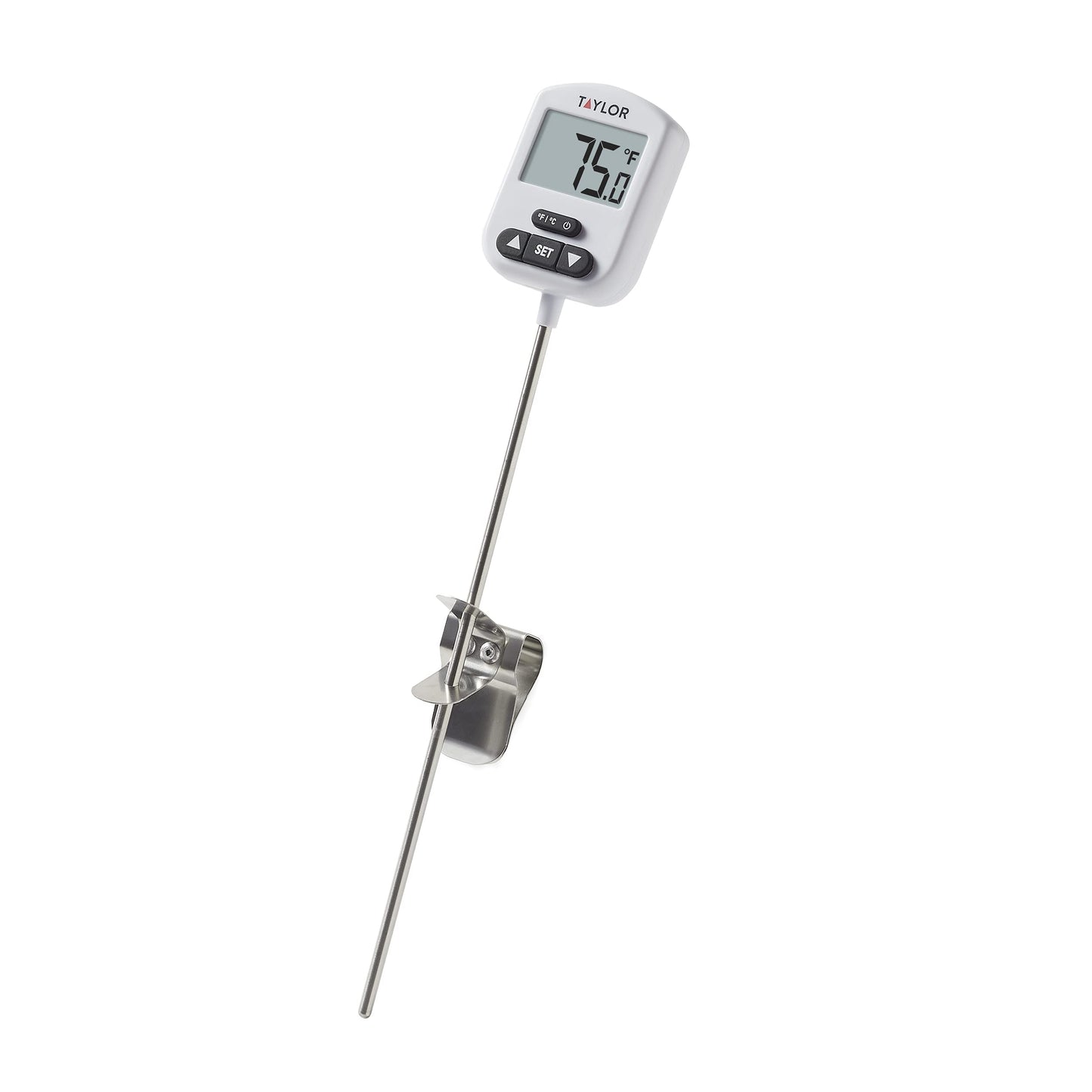 Taylor Programmable Digital Candy and Deep Fry Thermometer with Green Light Alert Display, Long Stem, and Adjustable Pan Clip, White