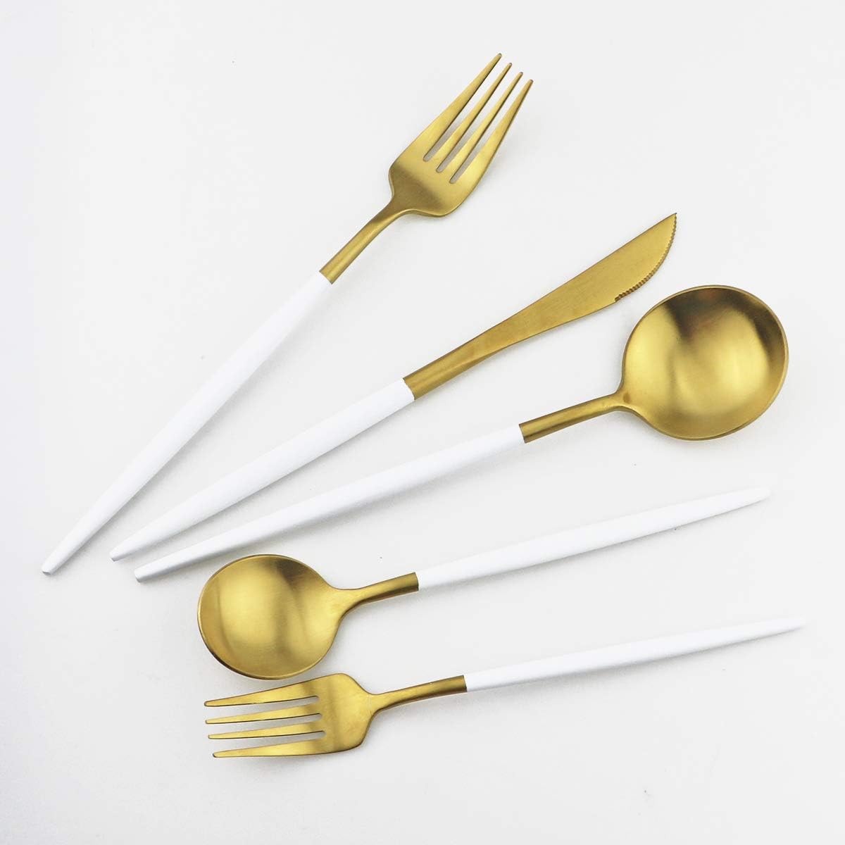 White Gold Flatware Set, 5 Piece Matte White Handle 18/10 Stainless Steel Tableware for 1, Camping Utensils