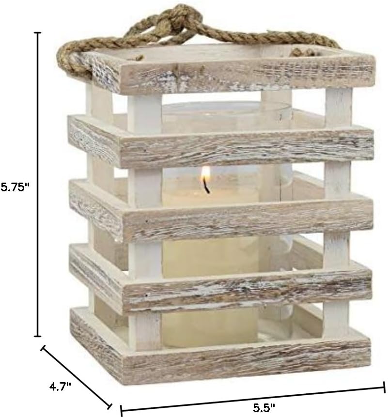 Stonebriar Small Worn White Wooden Candle Lantern with Removable Glass Cylinder Hurricane and Rope Handle