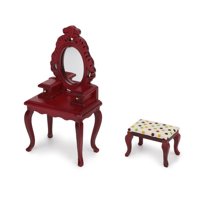 Dollhouse Makeup Vanity with Mirror & Stool 1/12 Miniature Makeup Furniture Set, Wooden Dressing Table Bedroom Dresser Table Doll House Toilet Table Accessorie (Red)