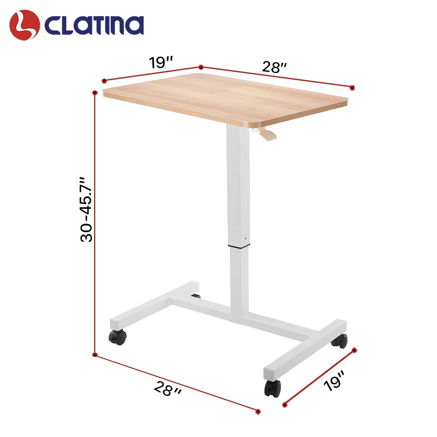 CLATINA Mobile Laptop Desk Pneumatic Sit to Stand Table Height Adjustable Rolling Cart with Lockable Wheels for Home Office Computer Workstation 28" x 19" Beige Round Edge Design Elegant