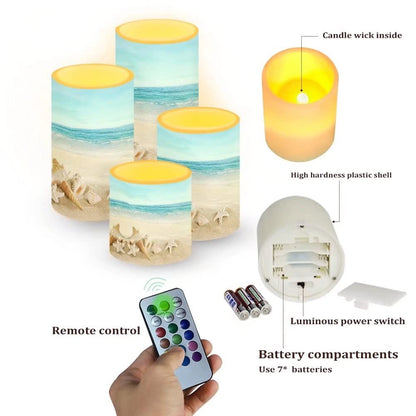 NETILGEN Flickering Flameless LED Pillar Candles with 18-Key Remote Battery Operated Color Changing Tea Lights Fake Candles, Set of 4, Beach Starfish Blue