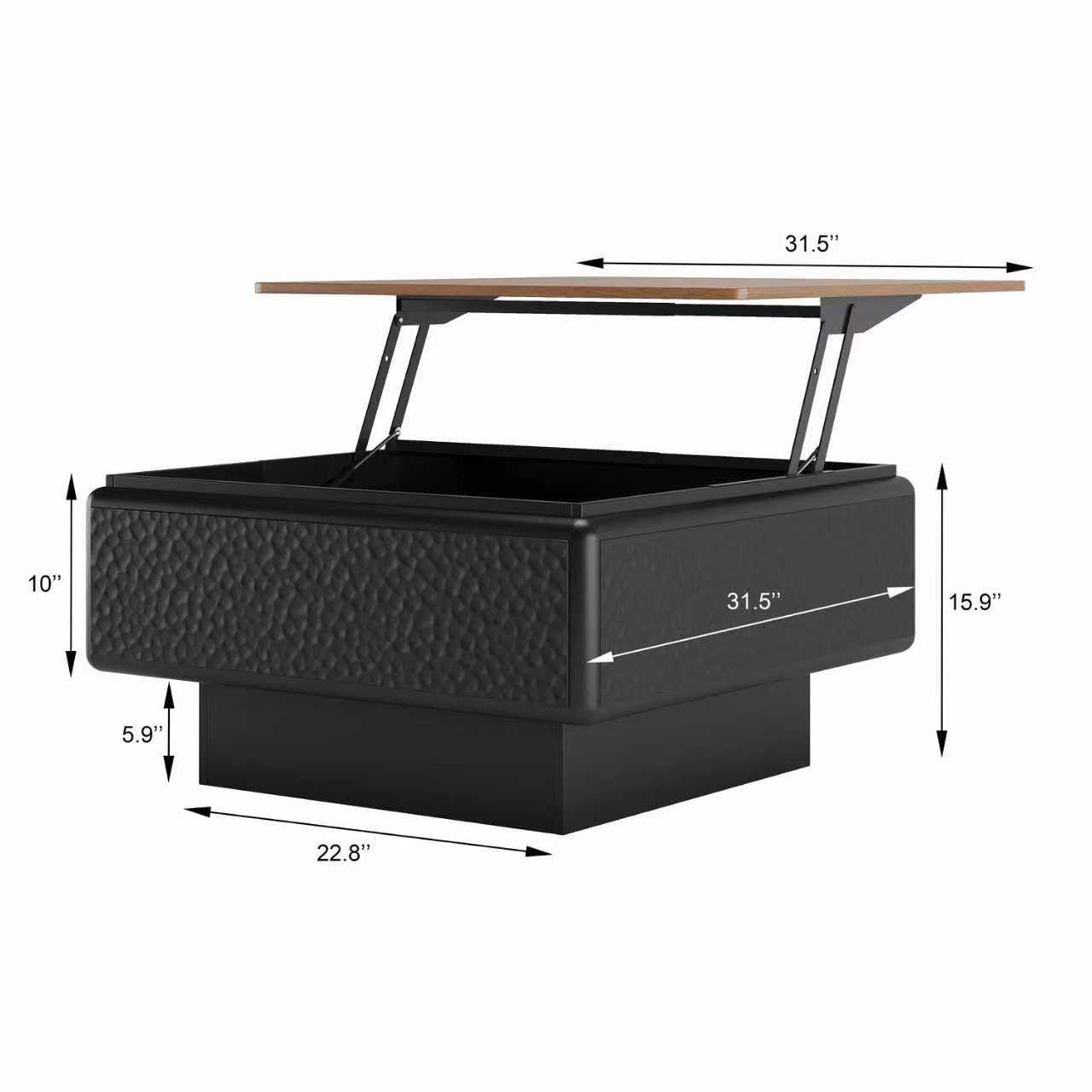 GDFStudio 31" Square Coffee Table with Lift Top Storage, Mid Century Modern Hammered Texture Center Table, Wooden Curved Tea Side Table with Hidden Compartment for Living Room Small Space, Black+Brown
