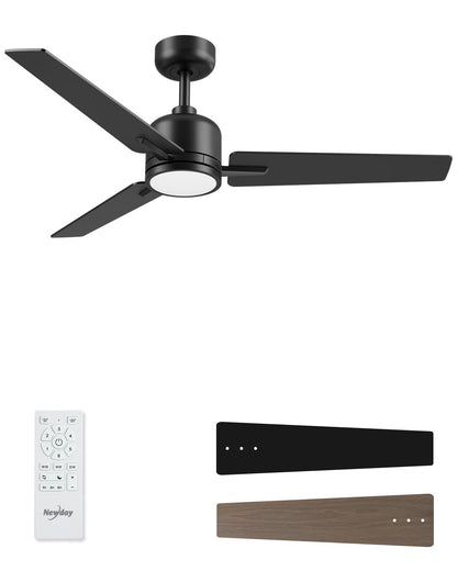 Newday 52 inch Ceiling Fans with Lights and Remote, Black 3 Blade Outdoor Fans for Patios -Dimmable Indoor DC Motor, 6 Speed, Quiet Noiseless, 3 CCT, Reversible, High CFM