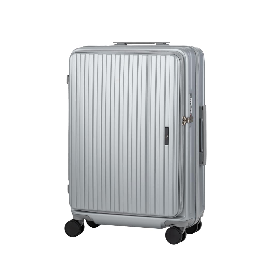 LEGEND WALKER 24" Checked Luggage, Front Opening Expandable Hardshell Suitcase with Spinner Wheels, TSA Lock, USB Port & Cup Holder, Silver, 5524-60