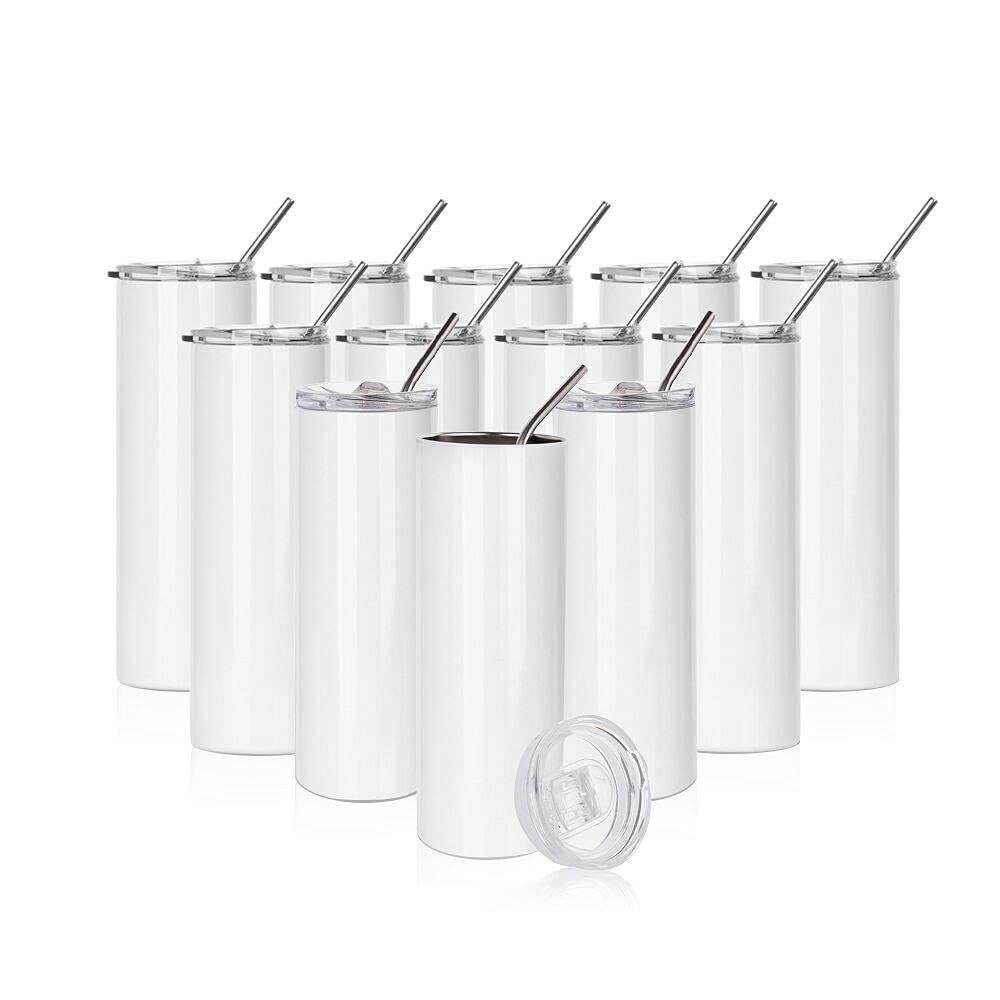 PYD Life 12 Pack Sublimation Tumblers Blanks Skinny White 20 OZ Straight Bulk Stainless Steel Cups with Metal Straw and Lid for Tumbler Heat Press Machine Sublimation Print
