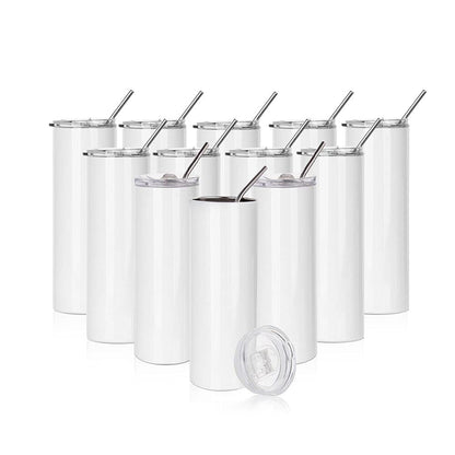 PYD Life 12 Pack Sublimation Tumblers Blanks Skinny White 20 OZ Straight Bulk Stainless Steel Cups with Metal Straw and Lid for Tumbler Heat Press Machine Sublimation Print