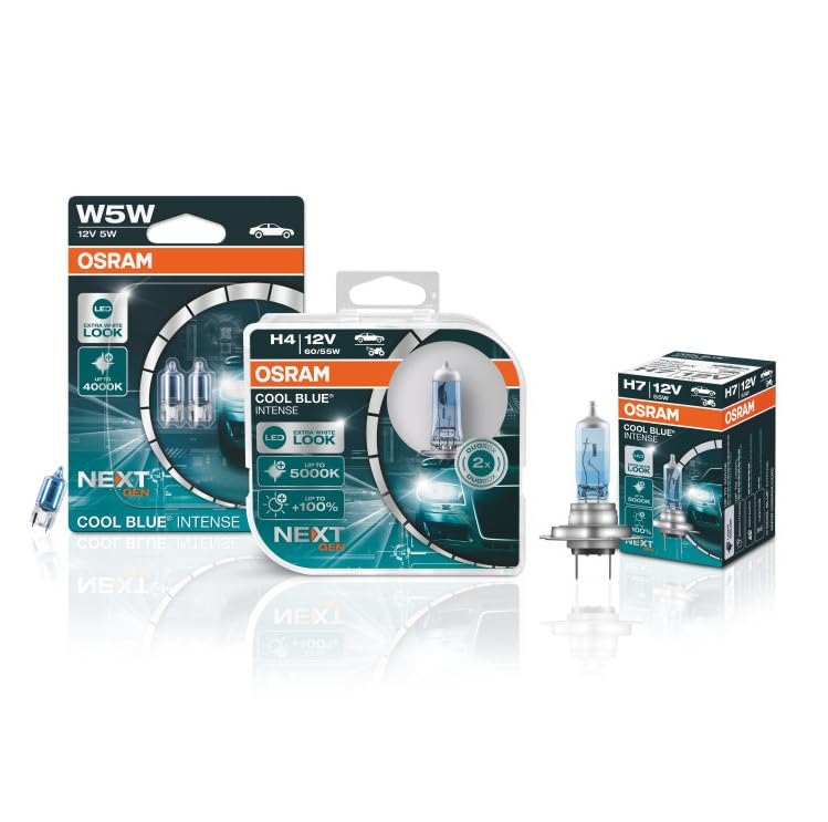 OSRAM COOL BLUE INTENSE H7, +100% more brightness, up to 5,000K, halogen headlight lamp, LED look, duo box (2 lamps), 64210CBN-HCB