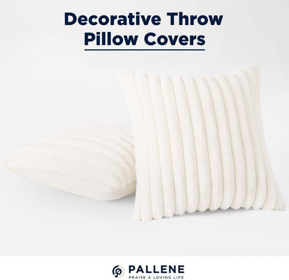 Pallene Faux Fur Pillow Covers - Luxury Soft Fluffy Striped Design | Set of 2, 18x18, Cream White