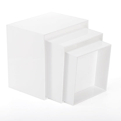 Hacaroa Set of 3 Acrylic Cube Riser Hollow Bottom, 6/7/8 Inch Small Glossy White Buffet Riser Food Display Stand, 5 Sides Cupcake Stand Nesting Display Box for Jewelry, Collectibles, Figures, 3 Sizes