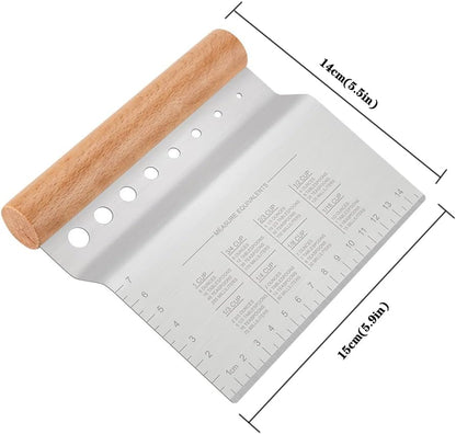 Stainless Steel Pastry Scraper, Dough/Pastry/Bread Cutter with Non-Slip Wood Handle and Herb Stripper 8-hole