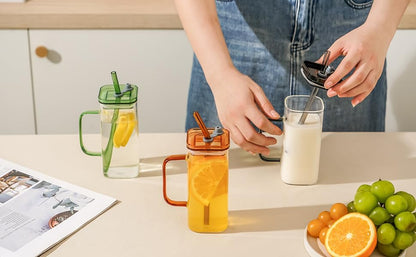 FUENYEJIA 13 Lided straw glass cup, ounce iced coffee cup for juice, milk, coffee, cappuccino, latte, cold drinks