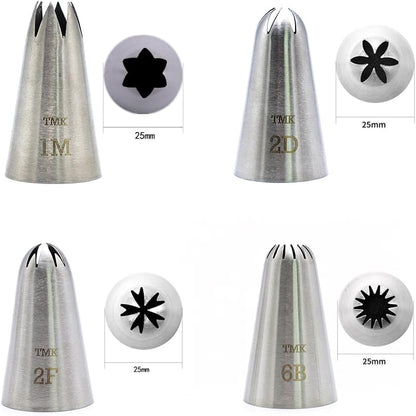 4 Pack Stainless Steel Seamless Piping Icing Tips #1M, 2D, 2F, 6B, Large Nozzle Cake Decorating Tools for Bakers