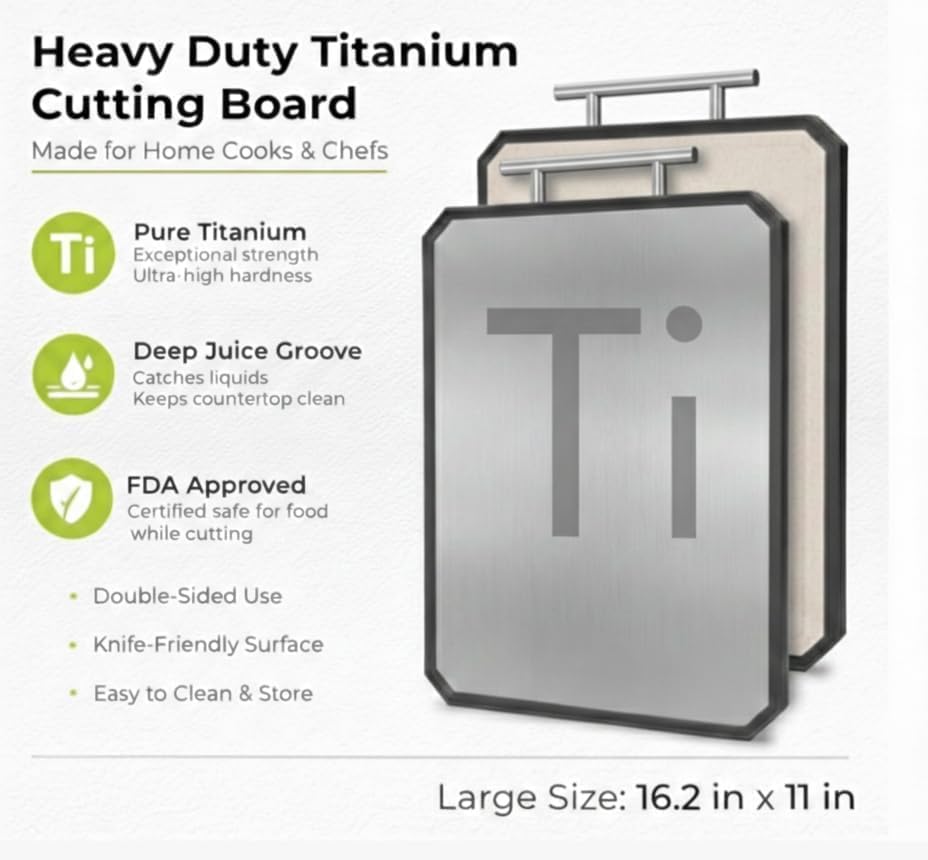 SSMR Titanium Cutting Board - 100% Pure Titanium Cutting Boards for Kitchen Double Sided Textured Food-Grade Pure Titanium Side for Chopping Meat, PP Side for Vegetables, Easy to Clean (16" x 11" in)