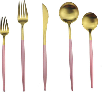 Gugrida Pink Gold Flatware Set, 5 Piece Matte Pink Handle 18/10 Stainless Steel Tableware for 1, Camping Utensils