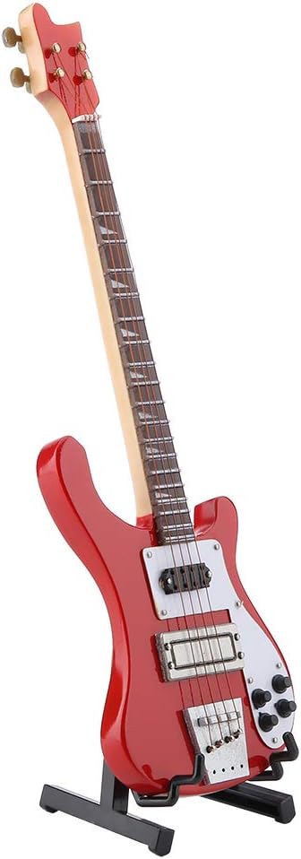 Red Miniature Bass Guitar Wood Replica Model Ornament - Adjustable Stand Mini Art Projects Christmas Gift