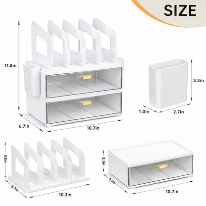 CiWiVOKi White Desk Organizer with 4 File Holder Slots, 2 Clear Drawers & Dual Pen Holders, Sturdy Multi-Functional Desktop Storage for Home Office, Mail Sorter & Caddy