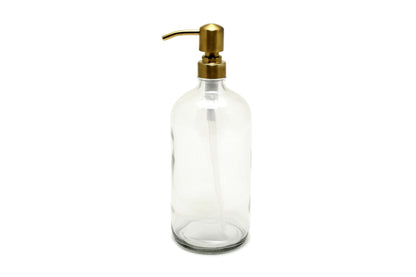 Vivaplex, 2, Large, 32 oz, Empty, Clear Glass Bottles with Stainless Steel, Yellow Gold, Lotion Pumps