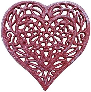 Rustic Red Whitewashed Cast Iron Heart Shaped Trivet - 7" Decorative Trivet