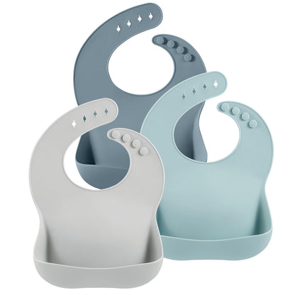 PandaEar 3 Pack Silicone Bibs for Boys Girls for Babies & Toddlers, Waterproof Feeding Bib with Large Food Catcher, BPA Free (Blue & Gray)