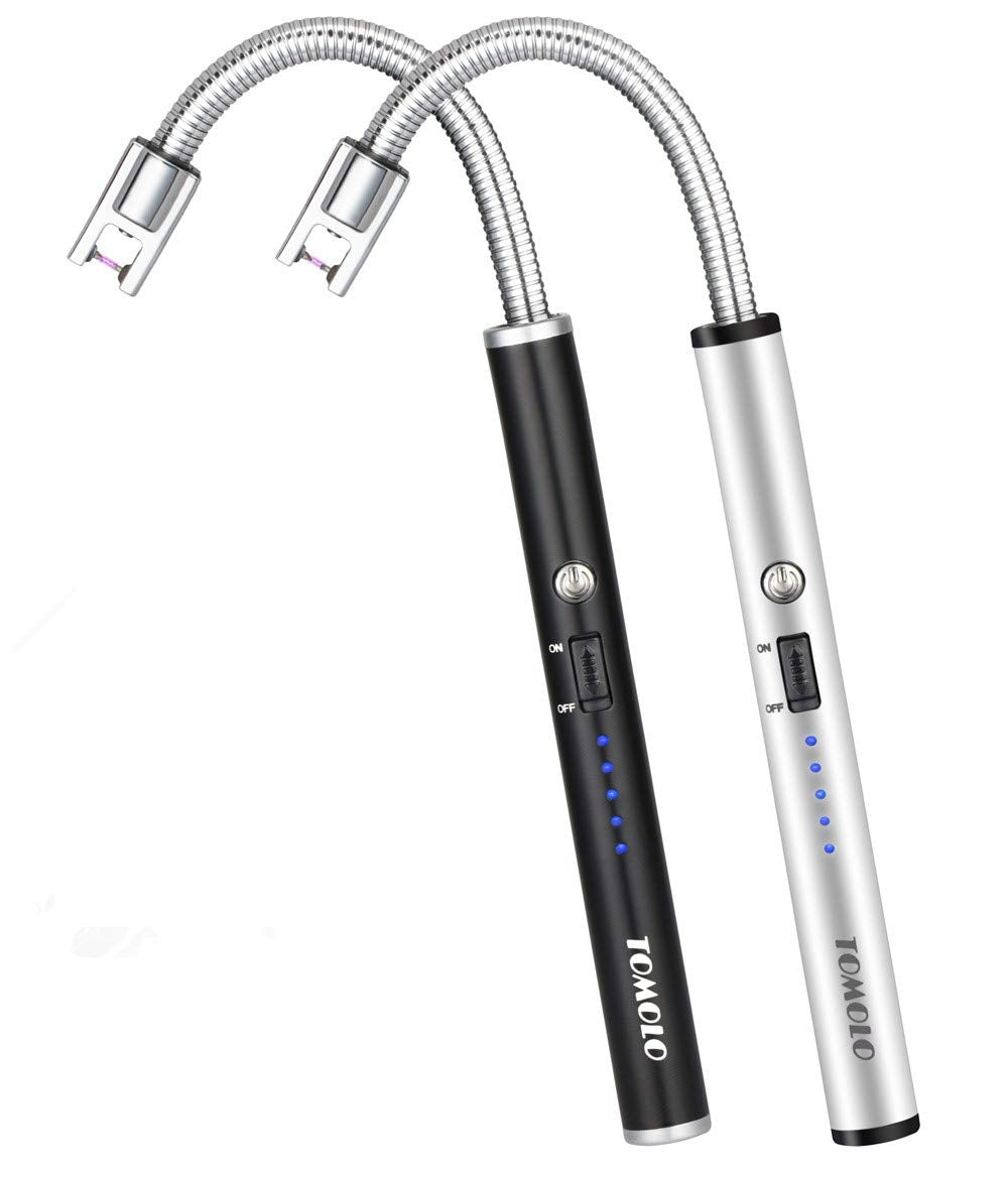 TOMOLO 2 Pack Electric Candle Lighter USB Rechargeable Flameless Windproof Arc Lighter with Flexible Neck, Safety Switch for Candle, Grill, BBQ, Camping & Kitchen (Black&Silver)