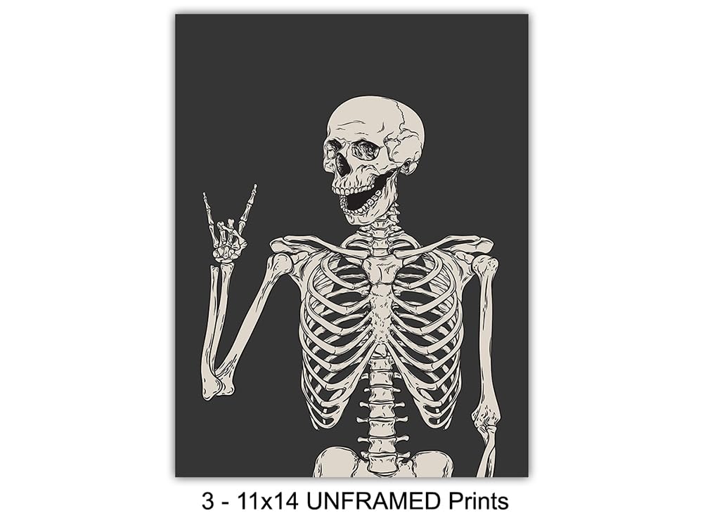 Skeleton Wall Art & Decor 11x14 - Halloween Wall Art - Goth Home Decor - Gothic Room Decoration, Pagan Gifts - Funny Skull Artwork, Bedroom Dorm Man cave - Men Boys Teens - Witchy Picture Poster Print