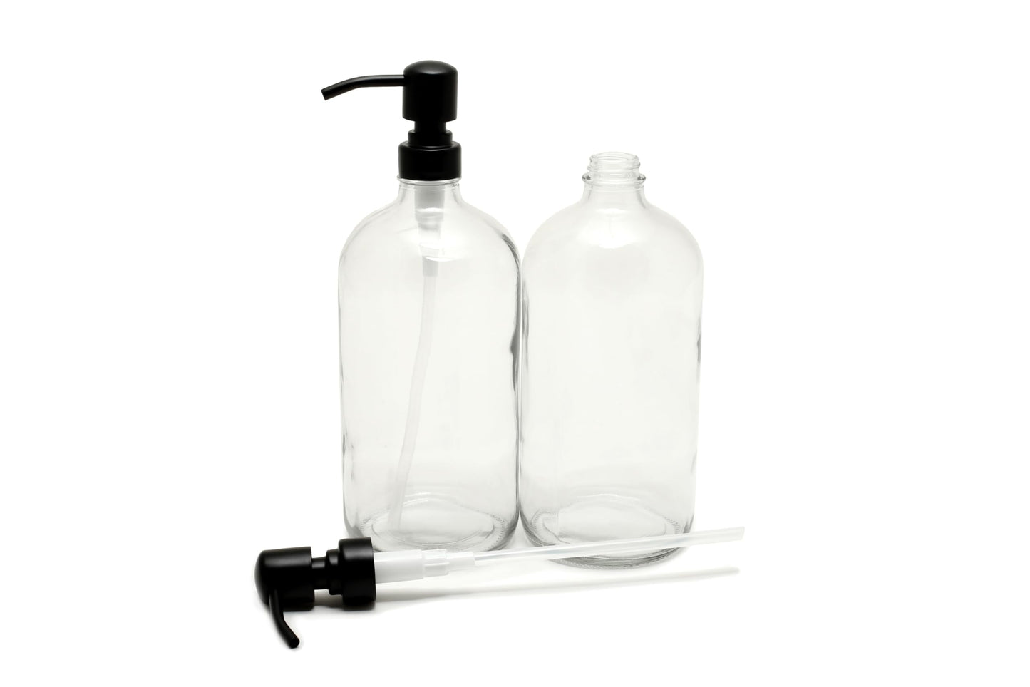 Vivaplex, 2, Large, 32 oz, Empty, Clear Glass Bottles with Stainless Steel, Matte Black, Lotion Pumps